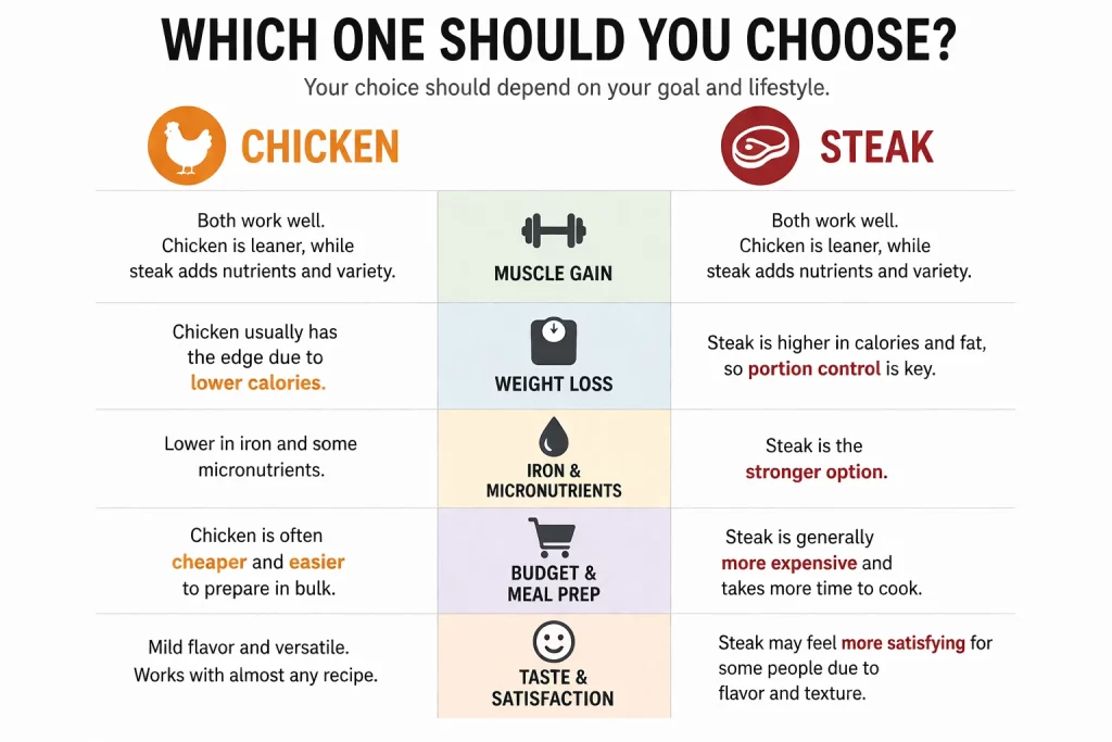 which one to choose between chicken or steak depedning upon your goal 